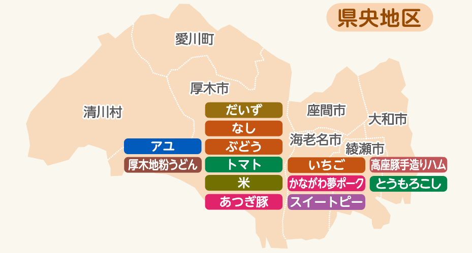 県央地区のマップです。各産品名をクリックすると、詳細な情報へジャンプします。